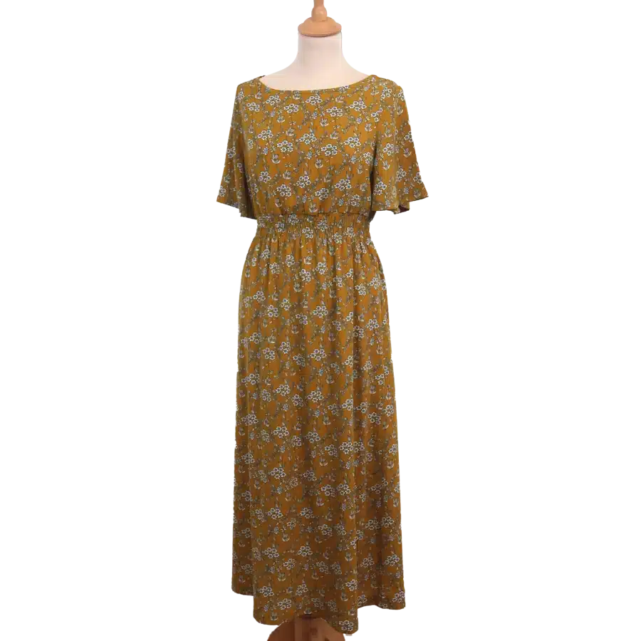 robe moutarde motif floral longue friperie vintage