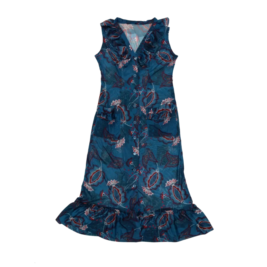 robe bleu longue à volants motif fleurs friperie vintage