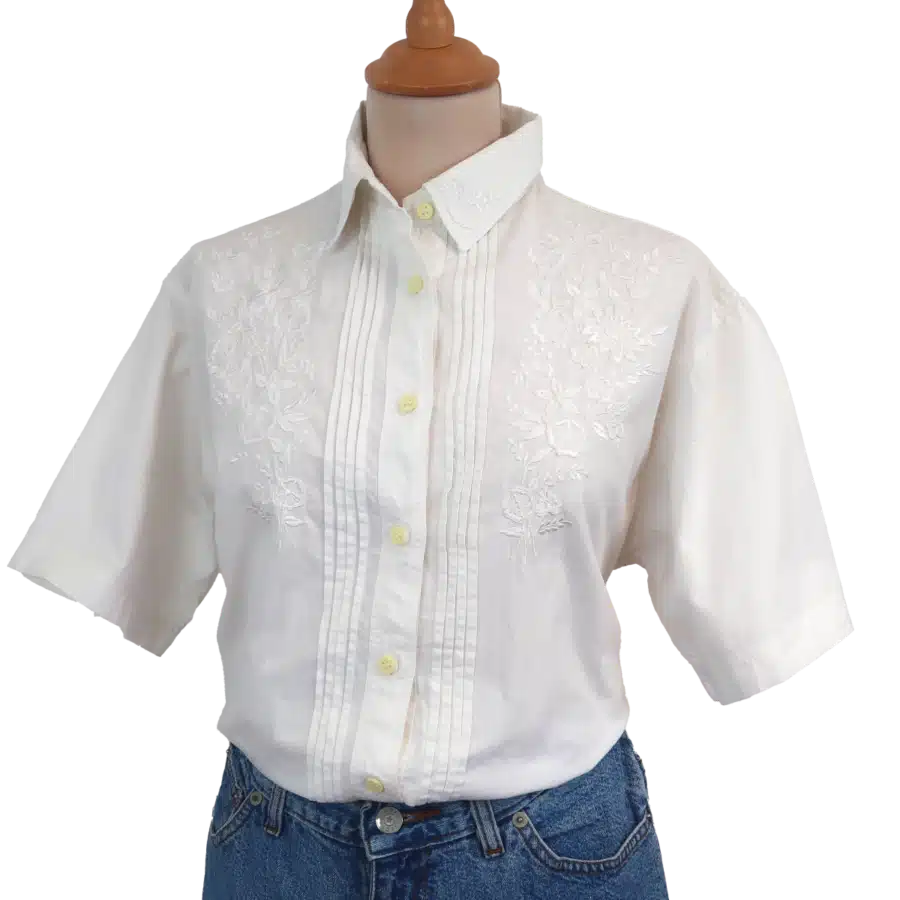 chemisier blanc broderies manches courtes friperie vintage
