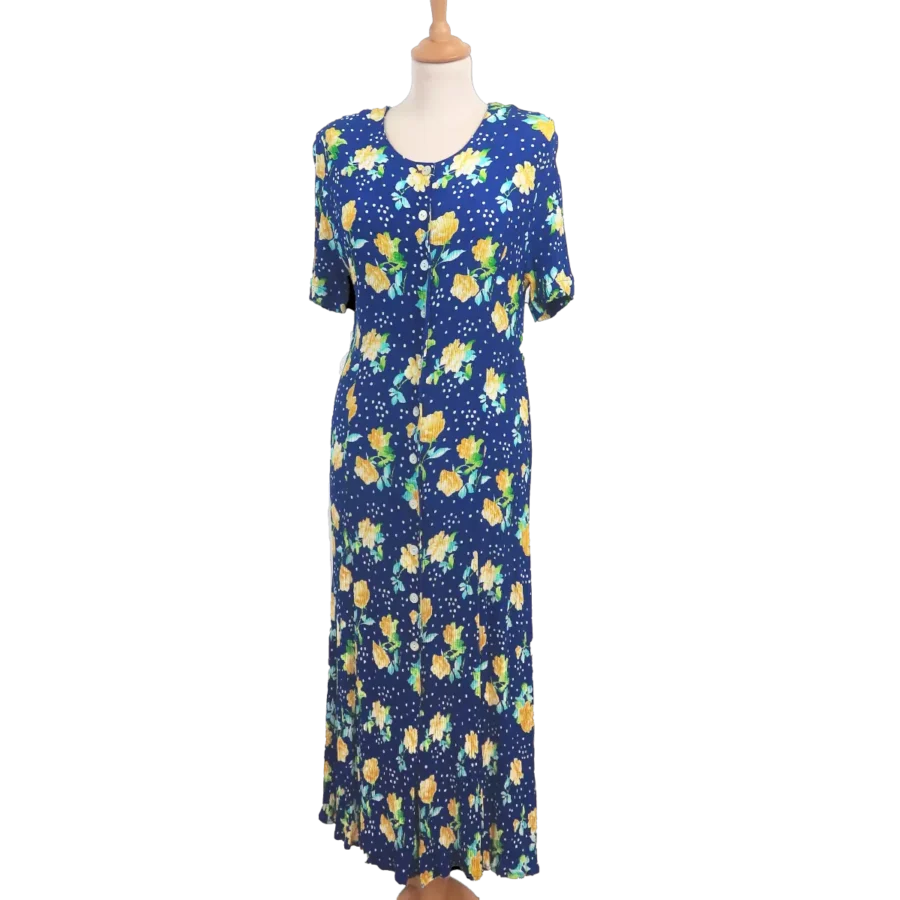 robe bleu marine à fleurs jaune friperie vintage matière texturée