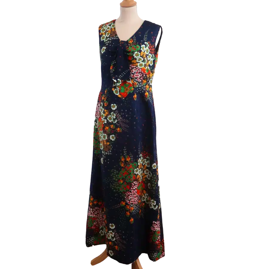 robe longue bleu marine à fleurs friperie vintage