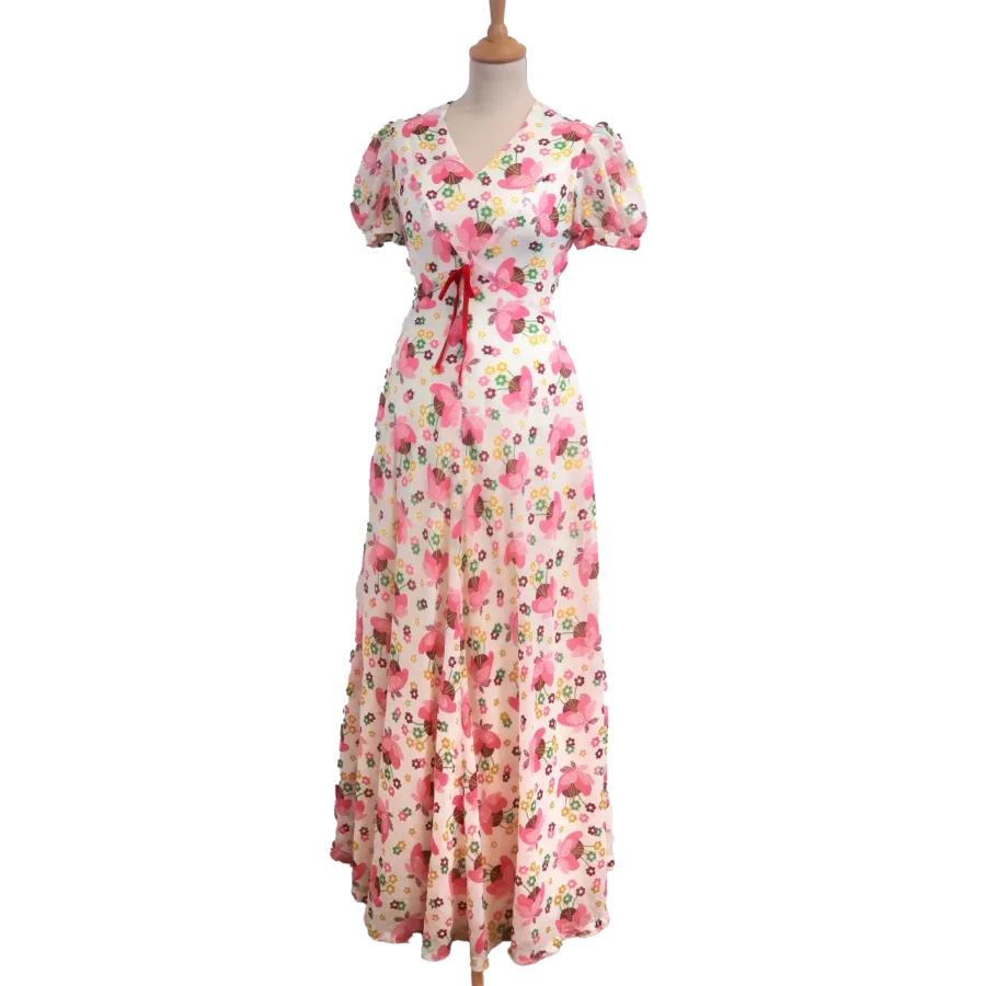 robe longue imprimé fleurs rose friperie vintage
