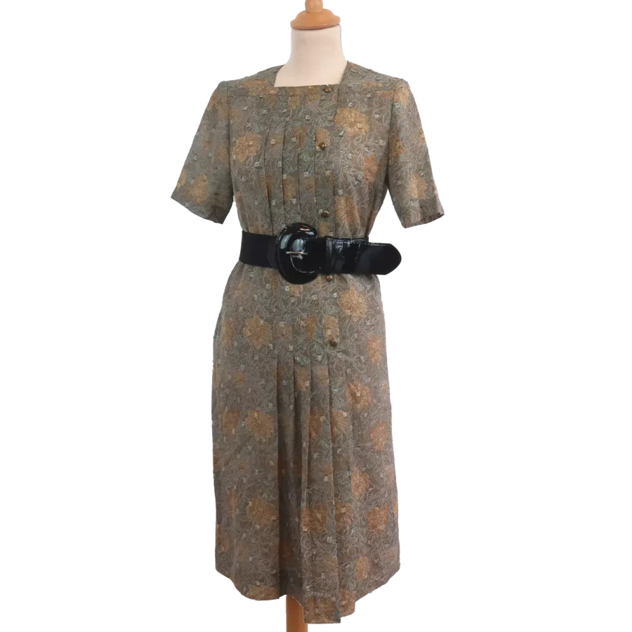 robe marron imprimé plis épaulettes friperie vintage