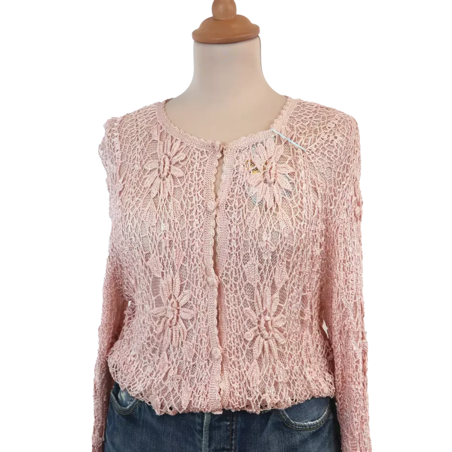 cardigan crochet à fleurs rose friperie vintage
