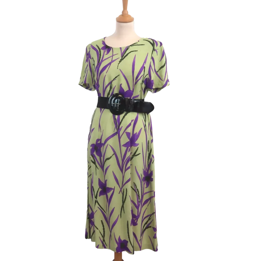 robe verte mi longue fleurs violettes friperie vintage